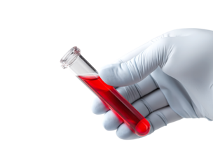 Gloved Hand Holding Blood Sample Test Tube isolated on transparent background