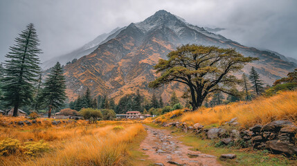 Scenic Mountain Landscape with Autumn Colors and Rustic Pathway