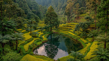 Lush Green Terrace Fields Surrounding a Tranquil Pond in a Verda