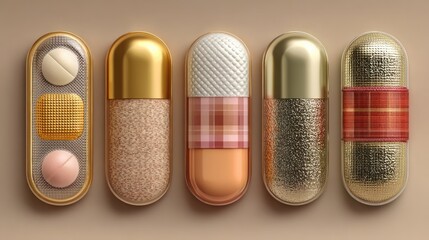 Abstract illustration of capsules and pills, golden, modern design, medical concept