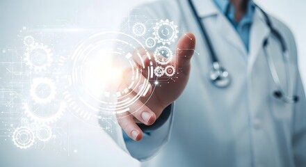 Doctor touching futuristic interface with gears
