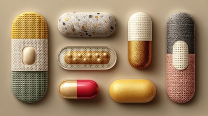 Artistic rendering of various pills and medications on a neutral, textured background