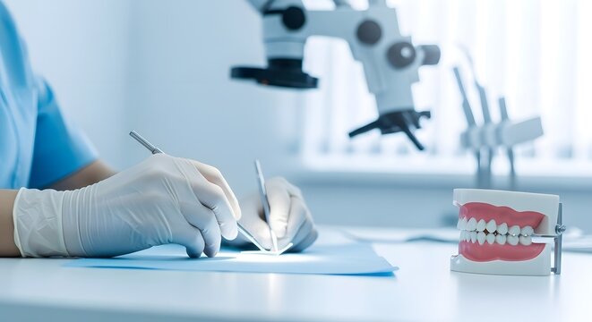 Dentist performing dental procedure with specialized equipment