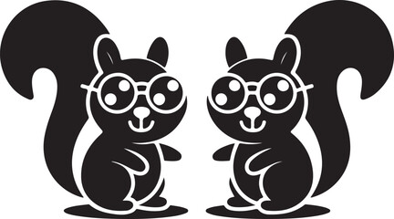 Two cartoon squirrels wearing round glasses smiling with fluffy tails animal cute