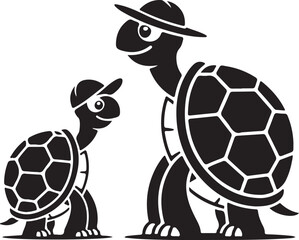 Two cartoon turtles one large and one small wearing hats facing left on a white background