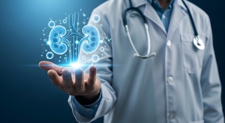 Doctor displaying a holographic projection of human kidneys