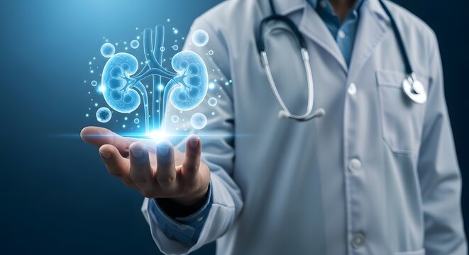 Doctor displaying a holographic projection of human kidneys