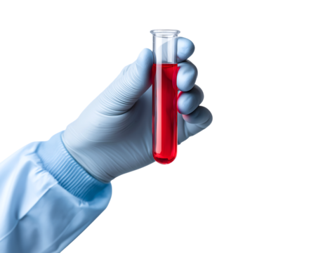 Hand in Blue Glove Holding Test Tube with Red Sample isolated on transparent background