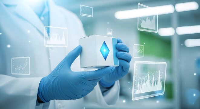 Scientist holding a futuristic device with glowing blue diamond