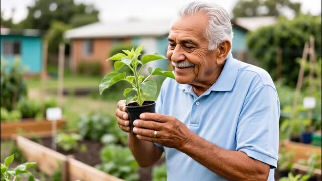 Senior man male elder grandfather gardener gardening plant care outside, wellness joy focus, joyful social garden interaction sunny backyard