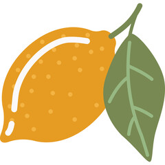 Stylized Yellow Lemon with Green Leaf on a Transparent Background Simple Flat Illustration