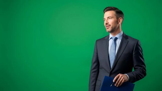 Caucasian businessman giving a presentation and gesturing while holding a folder and pen on a green screen, studio footage