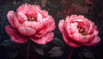 Two vibrant pink peonies in full bloom against a dark, textured, and artistic background.