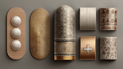 Abstract design with textures, patterns, and geometric elements on a gray background