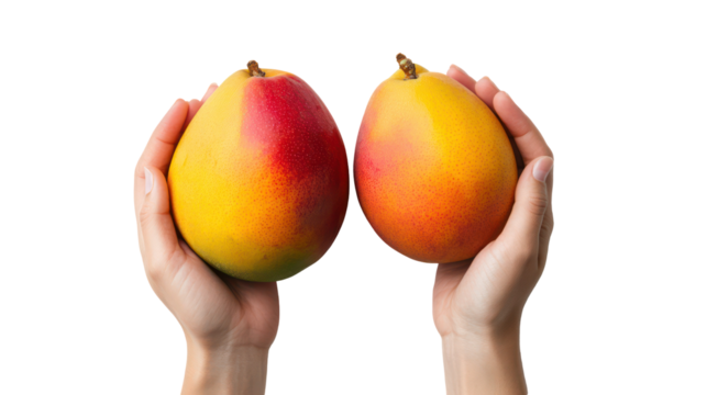 Two ripe mangoes held in hands isolated on transparent background