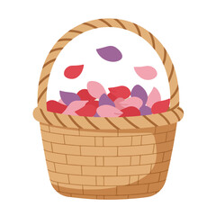Woven basket overflowing with vibrant pink and purple flower petals, ideal for spring and naturethemed designs or spa advertisements.