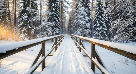 Snow-covered wooden bridge leads through a winter forest, sunlight filtering through the trees.