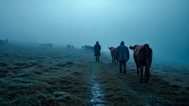 A serene, misty morning walk with cattle on a grassy hillside, the fog adding a touch of mystery to the rural scene and calming aesthetic.