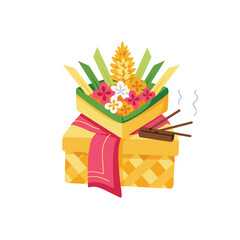 Balinese offering canang sari with flowers, leaves, incense suitable for travel, cultural, spiritual, or relaxationthemed designs and projects.