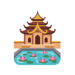 Pagoda building with lily pads suitable for travel websites, asian culture blogs, and meditationthemed designs.