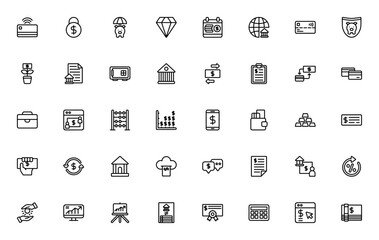 Bank icon set. Financial vector icons pack. Minimalit line icons for online baking, credit card, loan, ivestment, wallet, cash, caculator, and more. Editabl stroke.