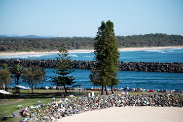 Aerial landscape view of The colourful breakwall at Port Macquarie NSW Australia.