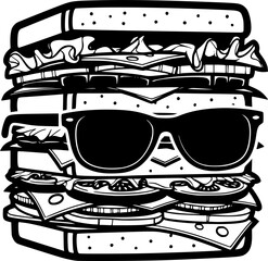 Fototapeta premium Delicious massive sandwich character wearing stylish retro sunglasses vector silhouette isolated on white background 