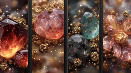 Abstract artwork featuring radiant gems and golden orbs, creating a captivating design