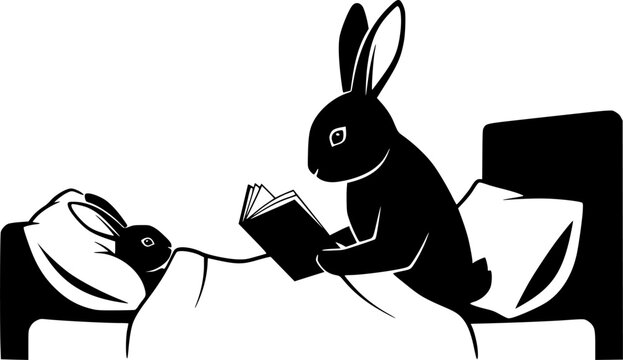 black rabbits reading in bed clip art preview