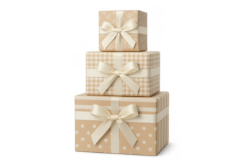 Stacked beige gift boxes with ribbons and wrapping paper for celebrating special occasions, transparent background