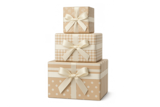 Stacked beige gift boxes with ribbons and wrapping paper for celebrating special occasions, transparent background