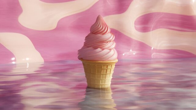 Delicious strawberry ice cream cone on shimmering pink surface with surreal background for dessert