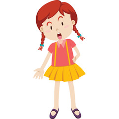 Surprised Cartoon Girl With Red Pigtails Wearing A Pink Top And Yellow Skirt Expressing Astonishment With Open Mouth And Wide Eyes On White Background Isolated Full Body Illustration