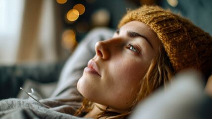 A contemplative young woman with a yellow beanie looks dreamily upwards, bathed in soft, golden light, her face serene and thoughtful.