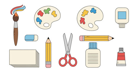 Art supplies brushes paint pencils paper glue and scissors arranged in an organized composition