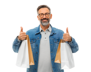 Happy Middle-Aged Shopper Gives Thumbs Up with Shopping Bags isolated on transparent background