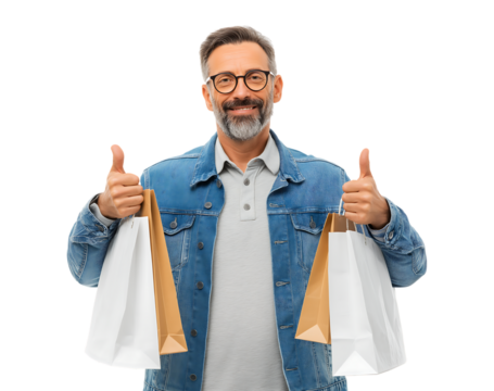 Happy Middle-Aged Shopper Gives Thumbs Up with Shopping Bags isolated on transparent background - Powered by Adobe