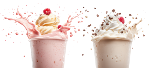 Milkshake splash and ice cream float splash side by side overhead on transparent background
