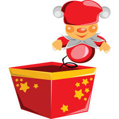 Surprise Jack in the Box Toy Red and Yellow Box with Yellow Stars and a Red and White Jester Character Popping Out on a Transparent Background