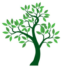 Fototapeta premium A tree drawn by hand. Green leaves on branches and curved trunk. Vector Illustration.