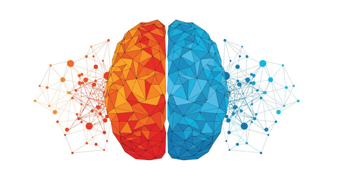 Left and Right Brain Hemisphere Concept. Logic vs. Creativity, Duality of Mind, and Technology Network Connection Vector Polygonal Illustration.