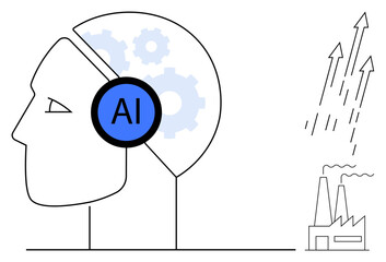 Human head with AI gear, factory, and upward arrows. Ideal for AI, machine learning, industry, innovation, automation technology and future progress. Represents a simple flat metaphor