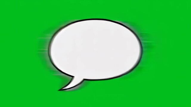 White comic style speech bubble flying across a green screen for chromakey message or conversation effect footage.