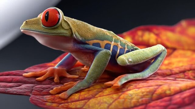 Vibrant Red-Eyed Tree Frog Posing on a Colorful Autumn Leaf. Detailed Close-up of an Exotic Tropical Amphibian with Bright Red Eyes.