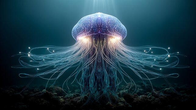a glowing jellyfish floating in an underwater environment