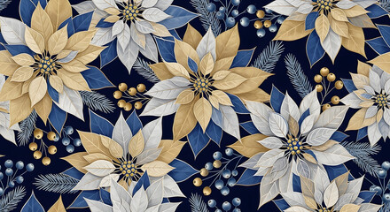 Seamless christmas pattern with poinsettia flowers, berries and fir branches on dark blue
