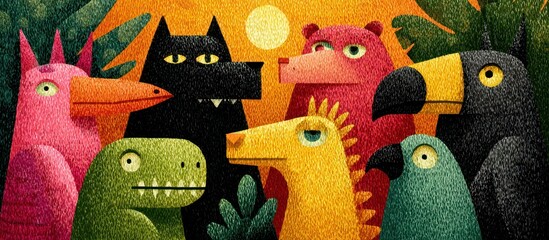 Obraz premium Stylized illustrations of animals, with bright colors, grouped together