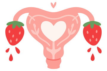 Flat vector illustration of female uterus with strawberries and heart isolated on white background. Synbolic concept of woman's reproductive health, menustruation and body positivity.