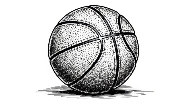 Detailed black and white illustration of a basketball with a hand-drawn, stippled texture on white - Powered by Adobe