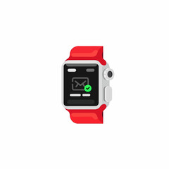 Modern smartwatch illustration with red strap and digital display showing message notification. Perfect for technology, fitness, communication, and wearable gadget concepts.